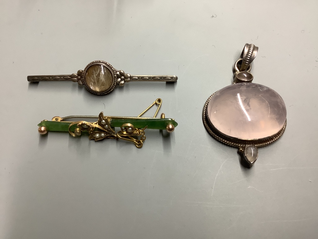 Assorted jewellery including a 9ct and gem set bar brooch, 925 and costume and a Raymond Weil gold plated watch.
